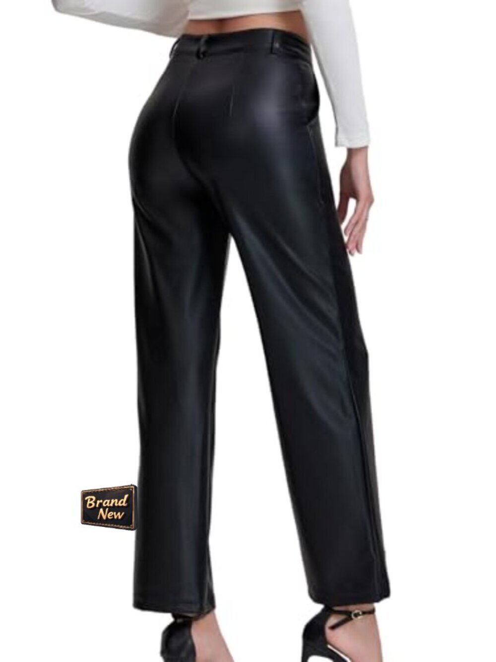 High Waist Faux Leather PU Straight Leg Wide Leg Trousers Pockets - Picture 5 of 7
